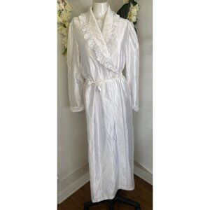 Vintage Size S/M Long Sleeve Satin Brushed‎ Night Gown White Lace Bridal Pocket